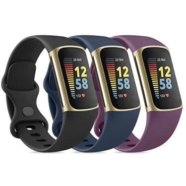 Imagem de Pacote com 3 pulseiras esportivas compatíveis com Fitbit Charge 5 e 6, pulseiras macias clássicas para rastreador de atividades físicas (grande, preto/azul marinho/roxo)
