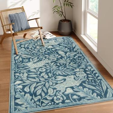 Imagem de Lahome Tapete de coelho da floresta para sala de estar, tapetes macios 12 x 18 cm para berçário, tapete turquesa vintage com estampa de xilogravura, tapetes de sala de jantar resistentes a manchas