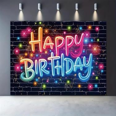 Imagem de XIAONGAYER 1,8 x 2,4 m neon feliz aniversário fotografia cenários que brilham no escuro parede de tijolo engraçado grafite colorido pintura respingo foto fundo poliéster tecido sessão de fotos