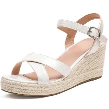 Imagem de Lotgnimry Sandálias elegantes de bico aberto com plataforma com palmilha acolchoada e fivela de tira no tornozelo, sandálias de alpargata com tiras para mulheres confortáveis no verão, E-branco