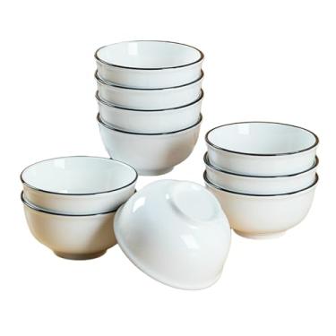 Imagem de 10 peças - Tigela de arroz de cerâmica sob esmalte simples e requintada para uso doméstico japonês com resistência a altas temperaturas - linha preta pura