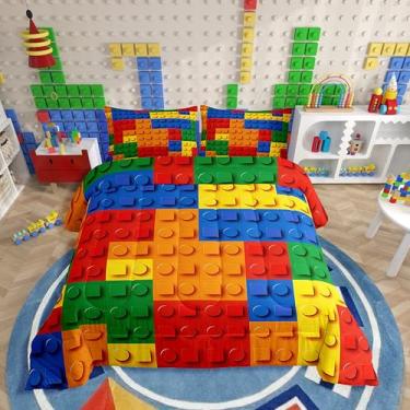 Imagem de Erosebridal Conjunto de edredom infantil com blocos de montar, tamanho solteiro, 2 peças, com 1 fronha para todas as estações, lavável na máquina, para meninos e meninas, laranja, azul, vermelho