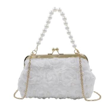 Imagem de RARITYUS Bolsa feminina floral 3D para noite com pulseira de pérola, elegante bolsa transversal de pétala de rosa bolsa clutch bolsa de mão, Branco, One Size