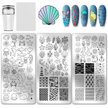 Imagem de PH PandaHall Kit de 3 peças de placas de estampagem de unhas oceano de verão, modelos de arte de concha de baleia de animais marinhos, estênceis de arte de unhas com carimbo e raspador para design de