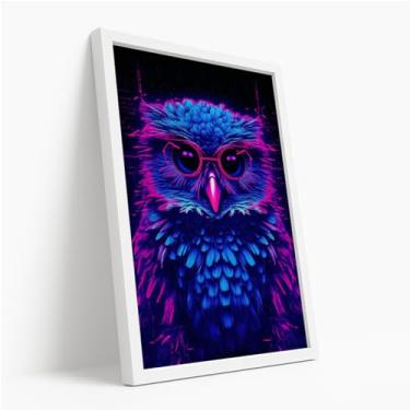 Imagem de Quadro Decorativo Coruja Neon Com Óculos Arte Digital Moderna Estilo Futurista Noturna Azul Roxo Criativa Com Moldura