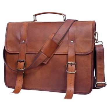 Imagem de Bolsa mensageiro de couro para laptop masculina 43.2 cm fina para trabalho, escritório, viagem, pasta marrom genuína, bolsa de trabalho, estojo anexo, bolsa mensageiro para mulheres e homens