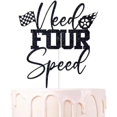 Imagem de Black Glitter Need Four Speed Cake Topper, Racing Themed Fourth Birthday Cake Décor, Funny 4th Birthday Party Decorations for Boys Girls