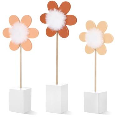 Imagem de Chunful 3 Pcs Daisy Nursery Shelf Decor Boho Daisy Table Centerpieces Wooden Flower Nursery Decor Bohemian Style Standing Tabletop Decoration for Home Bedroom Bookshelf Party Gift(Orange)