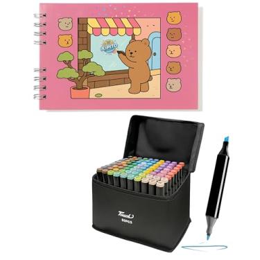 Imagem de Livro Colorir com Canetinhas Kit Livro De Pintura Rosa + 80 Canetas Ponta Dupla Marcadora Canetinhas para Colorir Capa Dura Holográfica com Acetato 50 desenhos A5