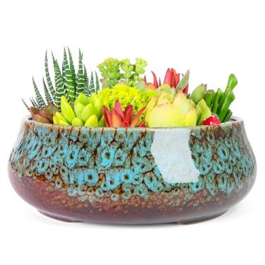 Imagem de ARTKETTY Vasos de suculentas - vasos de bonsai de cerâmica de 19 cm com drenagem, grandes vasos de suculentas rasas para plantas de interior, recipiente redondo de cacto esmaltado para plantas de