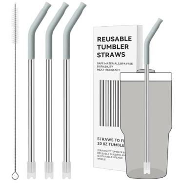 Imagem de Prurex Canudos de metal reutilizáveis com ponta de silicone para Stanley 600 ml, canudos de aço inoxidável para copo de 590 ml, 3 tubos retos e 6 pontas e 1 escova Cleanr (cinza)