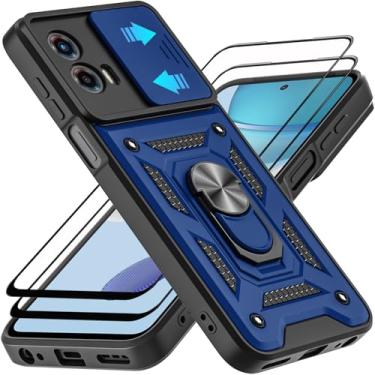 Imagem de AKINIK Capa para Motorola Moto G 5G 2023, com protetor de tela de vidro temperado [2 peças] e capa deslizante para câmera, suporte de anel de rotação de 360° [grau militar] capa (azul)