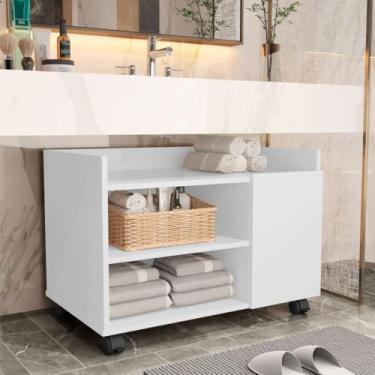 Imagem de Gabinte Compacto para Banheiro com 1 Porta Ripada Prateleira e Rodízios Armário organizador Pequeno (Branco)