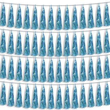Imagem de Flâmulas metálicas com franja azul claro 4P, guirlanda de borla para boias de desfile, despedida de solteira, casamento, aniversário, Halloween, Natal, noivado/decoração de festa de chá de bebê