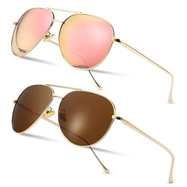 Imagem de SUNGAIT Óculos de sol aviador femininos leves e grandes - lentes polarizadas espelhadas, Pacote com 2 (Polarizado): Ouro rosa/rosa espelhado + marrom, 60mm
