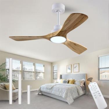 Imagem de QUTWOB Ventilador de teto de madeira de 107 cm com controle remoto de luzes, motor CC silencioso, ventiladores de teto de 3 lâminas para pátio, sala de estar, quarto, escritório, interior externo