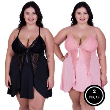 Imagem de Kit 2 Camisola Plus Size Detahe de Renda Bia ROSÊ E PRETO - NAKA MODAS