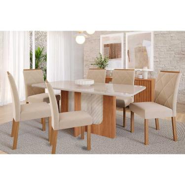 Imagem de Conjunto: Mesa de Cozinha Louise Tampo Madeirado c/ Vidro 160x80cm e 6 Cadeiras Fernanda Cinamomo/Off White - Nature-Madeirado/Suede Nu - Cimol