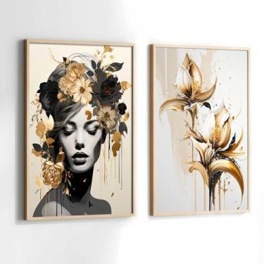 Imagem de Conjunto Quadros Decorativos com Moldura Mulher Folhas Douradas luxo A