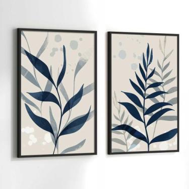 Imagem de Conjunto Quadros Decorativos com Moldura Folhas Azul Tons Neutro Kit 2