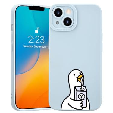 Imagem de JOYLAND Estampa de pato bebendo projetada para iPhone 16, capa de animal elegante com desenho animado de pato alegre, protetor de câmera de silicone azul à prova de choque para meninas, meninos e