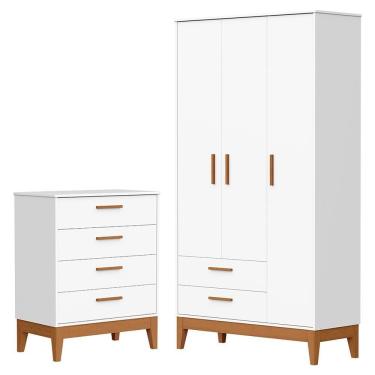 Imagem de Jogo De Quarto Infantil Flip Guarda Roupa 3 Portas E Cômoda 4 Gavetas Reller Móveis Branco Fosco