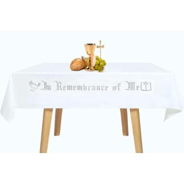 Imagem de LBGWOEC 244 x 132 cm Pano de altar bordado Remembrance of Me, capa de mesa de sagrada comunhão, roupa de mesa de primeira comunhão para igreja para cerimônias de batismo (prata)