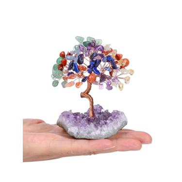 Imagem de GEHECRST Árvore de 7 cristais de chacra, mini pedras de cristal de cura com base de aglomerado de ametista crua natural, árvores de vida feitas à mão, Feng Shui, boa sorte, presentes de decoração de