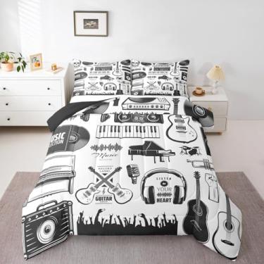 Imagem de Erosebridal Jogo de cama de piano clássico, instrumentos musicais, solteiro, preto e branco, edredom vintage, disco de vinil e rádio, microfone, 2 peças