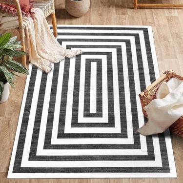 Imagem de ESSMOKO Tapete de sala de estar em estilo nórdico moderno, tapete de quarto, tapete de lã artificial, lavável na máquina, fácil de cuidar, 40 x 60 cm, padrão retangular preto branco