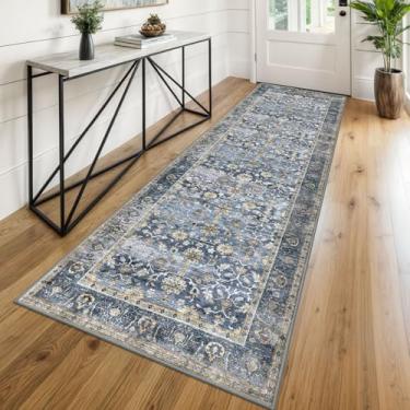 Imagem de KUTA Tapete vintage lavável, 6 x 20 cm azul bege para corredores, tapetes de cozinha, ultrafino, macio, estampado, oriental, floral, desgastado, tapete para lavanderia, quarto, sala de estar, berçário
