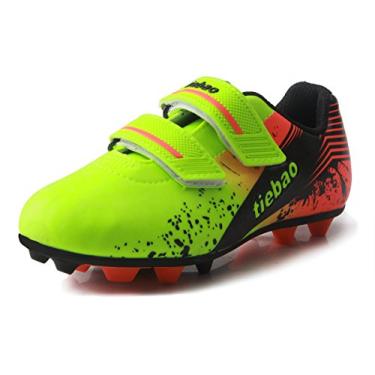 Imagem de T&B Botas de futebol infantis Chuteiras firmes de chão com gancho e laço para esportes ao ar livre (crianças pequenas/crianças grandes) No. 76660A, Green/ Orange, 1.5 Little Kid