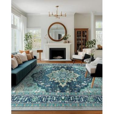 Imagem de RELEANY Tapetes de área, 2,3 m x 25,4 m, lavável, antiderrapante, estampa floral, vintage, tapete medalhão para sala de estar, quarto, sala de jantar, verde-petróleo, azul lago turquesa