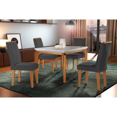 Imagem de Conjunto: Mesa Sala Jantar Londrina c/ Tampo Madeirado c/ Vidro Canto Curvo 120x80cm e 4 cadeiras Amsterdã Imbuia/Off White - Suede Grafite - Rufato