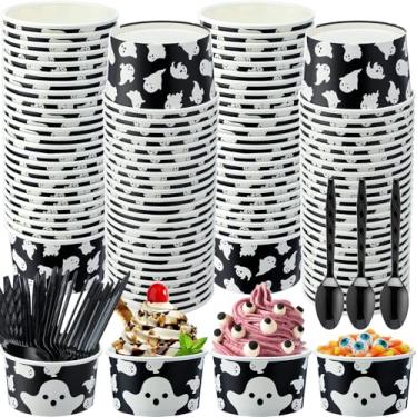 Imagem de Ninehaoou 50 peças de copos de sorvete de papel de Dia das Bruxas de 227 g Copos de lanche de petisco fantasma esqueleto assustador tigelas de papel descartáveis com colheres pretas de plástico para