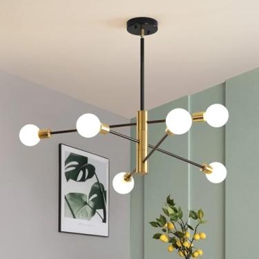 Imagem de Lustre Mid Century Boutique Decoração Industrial E27 Pingente Iluminação Lustres Luminária de Teto Preto e Dourado Luz Compatível com Sala de Estar, Decoração Moderna