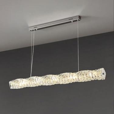 Imagem de Lustre de cristal linear, níquel escovado, moderno, regulável, faixa longa, LED, pendente, 32W, dourado, grande, luminária de teto, para cozinha, ilha, sala de estar, bar, restaurante, croma