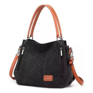 Imagem de Bolsa de ombro feminina de algodão e couro marrom