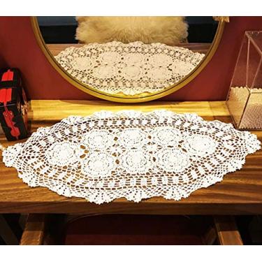 Imagem de Cachecóis Janef bege branco feito à mão de crochê de algodão para mesa de corredor, renda, doilies, oval, 40,64 x 68,58 a 124,14 cm., Branco, 16 by 27 Inch, 1