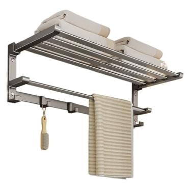 Imagem de Toalheiro de banheiro para banheiro, prateleira de toalha de aço inoxidável com barra de toalha e ganchos, prateleira de toalha dobrável montada na parede, essencial para casa preto/cinza (cinza arma