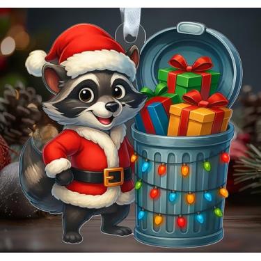 Imagem de Enfeite de acrílico de guaxinim de Papai Noel – lindo design de Natal com lata de lixo – decoração engraçada – pendurado na árvore de Natal – presente para fãs de animais