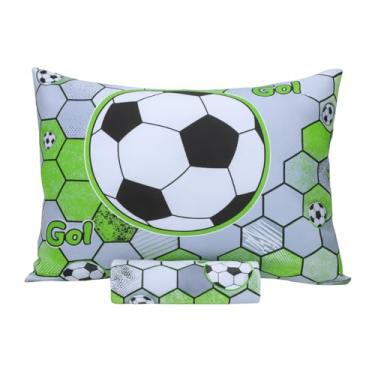 Imagem de Jogo de Cama Solteiro Infantil 2 Peças – Bola Futebol de Campo 70% Algodão 30% Poliéster – Lençol com Elástico 88×188×30 cm + Fronha 50×70