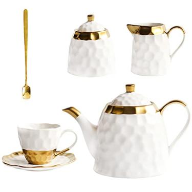 Imagem de Conjunto de 4 xícaras de café e pires de porcelana 15 peças com jarro de leite e colheres de chá, serviço de chá de casamento