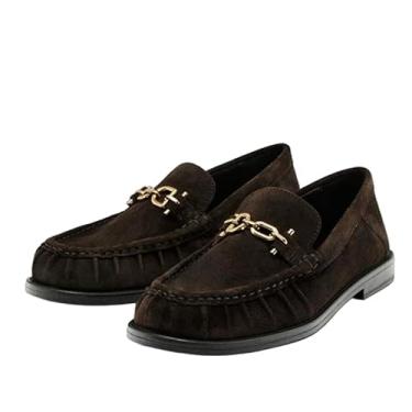 Imagem de Mocassins femininos femininos de camurça vintage francesa de couro genuíno minimalistas com fivela dourada, Marrom, 37