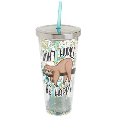 Imagem de Spoontiques - Copo de acrílico preenchido com glitter – Copo com glitter com canudo – 590 ml – Tampa de bloqueio de aço inoxidável com canudo – Parede dupla isolada – Livre de BPA – Preguiça