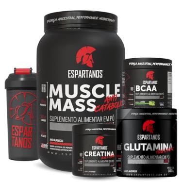 Imagem de Kit Muscle Mass Hipercalórico Morango 1,8kg + Bcaa em Pó Limão 100g + Creatina 100g + Glutamina 100g + Coqueteleira - Espartanos