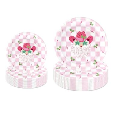 Imagem de LeZakaa Conjunto de pratos de papel de Papai Noel caubói com 50 peças, xadrez rosa, detalhes de azevinho, pratos descartáveis de festa, suprimentos de mesa, decoração de mesa para Natal, Natal, jantar
