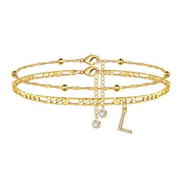 Imagem de Pulseiras de tornozelo Ursteel para mulheres, corrente Fígaro Banhado a Ouro 14 K Dainty Chain CZ Inicial Tornozeleiras de Verão Joias Presentes para Mulheres Adolescentes