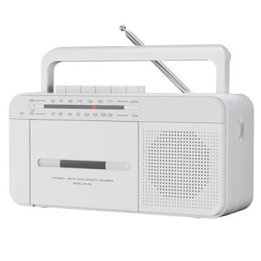 Imagem de SEMIER Gravador de fita cassete portátil com rádio AM/FM, AC ou bateria com alto-falante alto e fone de ouvido branco