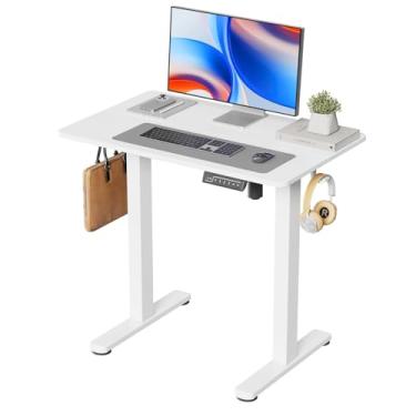 Imagem de JYLH JOYSEEKER Mesa de pé pequena, mesa de trabalho branca elétrica de 81 cm × 50 cm, suporte compacto ajustável em altura com placa de emenda, mesa de escritório doméstico com 2 ganchos